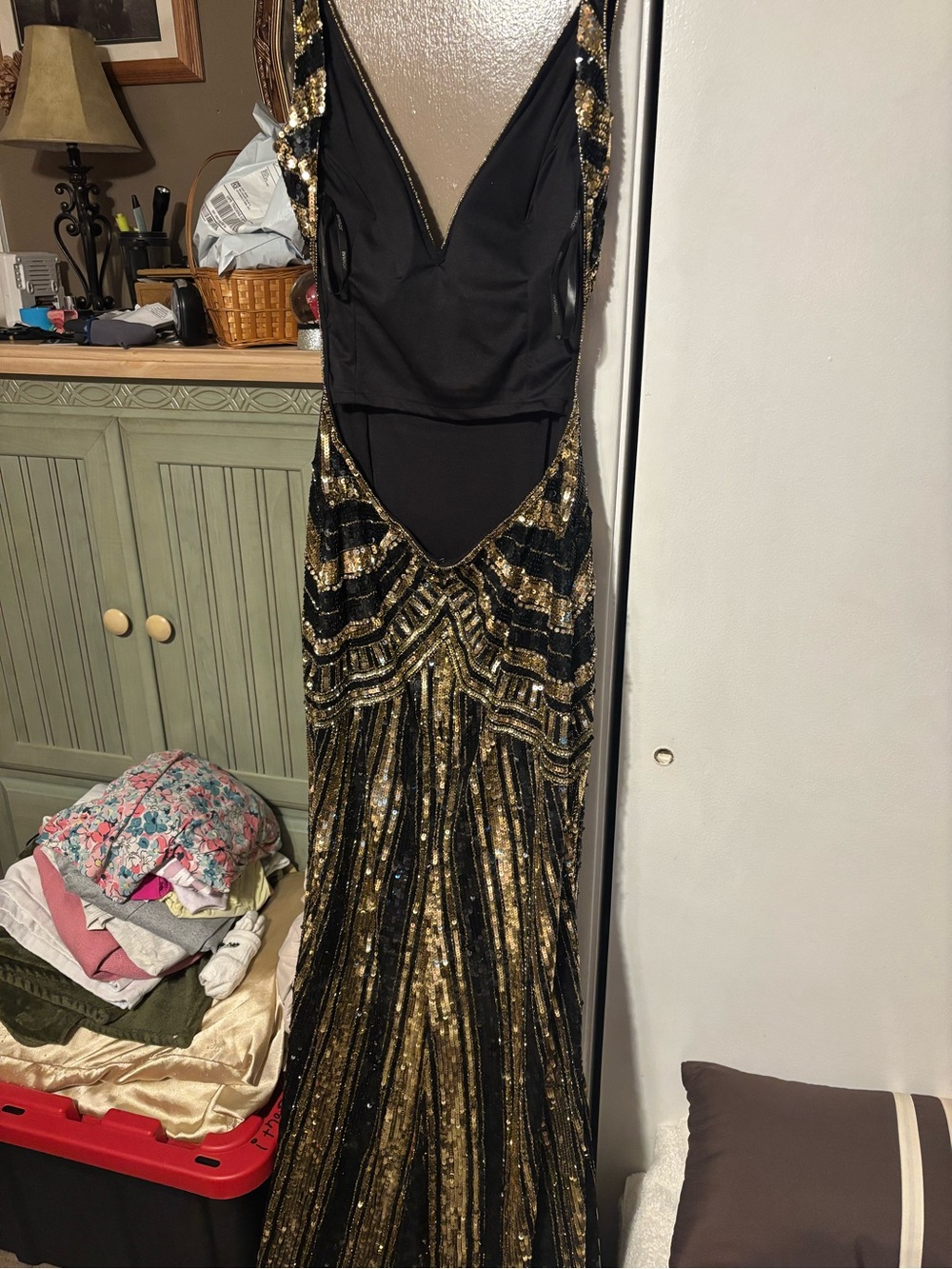Jovani Black and Gold Sequin Backless Evening Gown